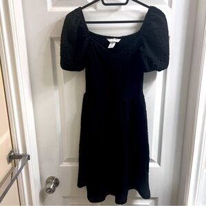 H&M Chic Black Puff Sleeve Short Sleeve Skater Shirred Summer Dress